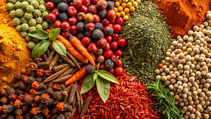 Fototapeta premium a lot of paprika, pepper, greens, spices in bulk, background, texture