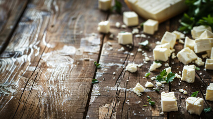 Greek feta cheese pieces on wooden background