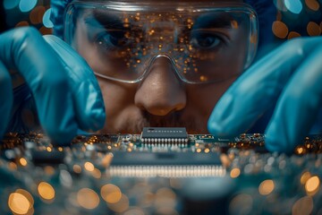 A male design engineer in sterile coveralls carefully inspects a microchip while wearing gloves inside a factory environment. - obrazy, fototapety, plakaty