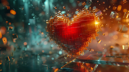 HD capture of a dynamic 3D pixel transforming into a digital heart, symbolizing love and innovation.