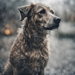 Street dog middle in the rain