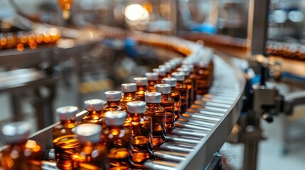 Fototapeta premium Pharmaceutical production line: medical vials and tablets manufacturing, automated process of drug production in modern pharmaceutical facilities, ensuring quality and efficiency