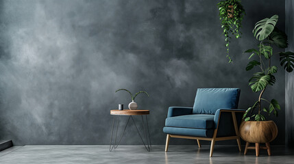 blue armchair and wood table against grey wall