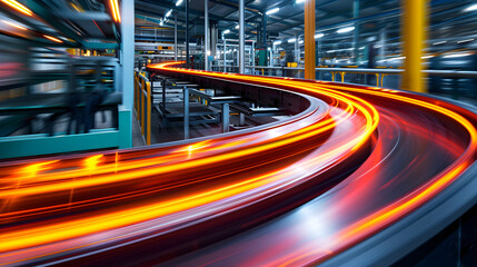 Manufacturing motion: Experience the mesmerizing sight of a conveyor belt in action through a long exposure shot, revealing vibrant streaks of light as products navigate the manufacturing process.