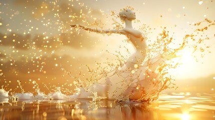 Woman Splashing in Golden Light-Filled Water