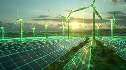 Green Solar Energy and Wind Turbines in Stylized Ray Tracing and Neon Grids