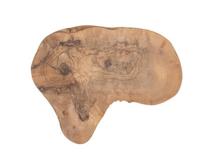 Heavily used olive wood cutting or serving board isolated on white background