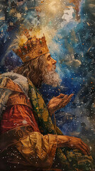 Majestic painting of a king in cosmic surroundings, perfect for historical themes or fantasy book covers.