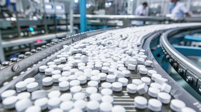 Pharmaceutical production line: medical vials and tablets manufacturing, automated process of drug production in modern pharmaceutical facilities, ensuring quality and efficiency