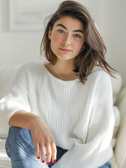Naklejka premium Pensive woman in a white sweater and jeans, seated against a bright background with a thoughtful expression.