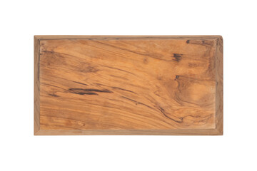 Heavily used olive wood cutting or serving board isolated on white background