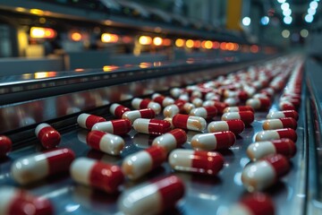Pharmaceutical production line: medical vials and tablets manufacturing, automated process of drug production in modern pharmaceutical facilities, ensuring quality and efficiency - obrazy, fototapety, plakaty