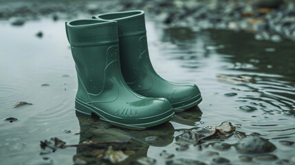 Green rubber boots in the water