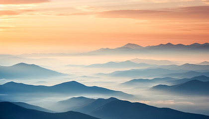 Romantische Hügellandschaft am Morgen bei Sonnenaufgang mit Nebel, Generative AI