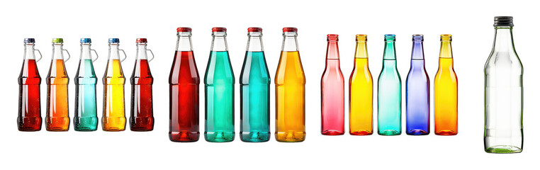 set of drinks lemonade cola drink softdrinks in bottles isolated on transparent background