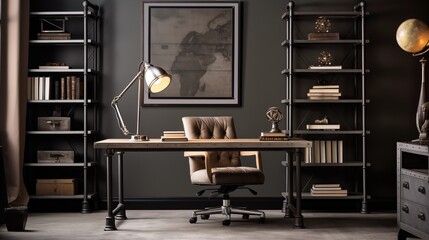 Industrial-chic Home Office with Soft Charcoal Gray Walls and Urban Sophistication Create an industrial-chic home office with soft charcoal gray walls