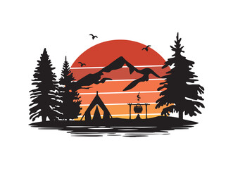 camping fire in the mountains vector silhouette. tent in the forest vector