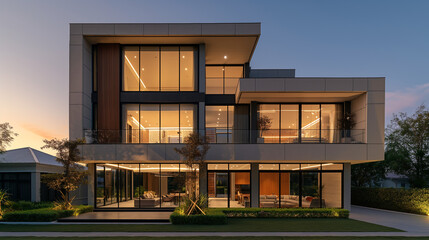 Fototapeta premium A modern two-story house with large windows and exterior lighting at dusk. 