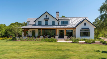 Modern farmhouse with a sleek exterior, combining traditional charm with contemporary elements, featuring a welcoming front porch and expansive windows