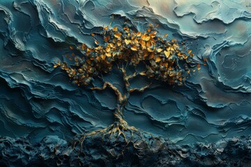 Tree on Dark Background in the Style of Decorative Relief - Realistic Fantasy Artwork made of Vine - Light Azure and Bronze Carved Surface Nightmare Illustration created with Generative AI Technology