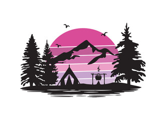 mountain landscape with tent and cauldron on fire vector silhouette