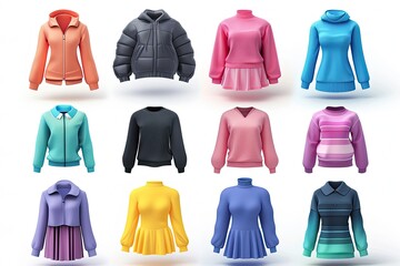  different 3d woman clothes icon illustration isolated on white background