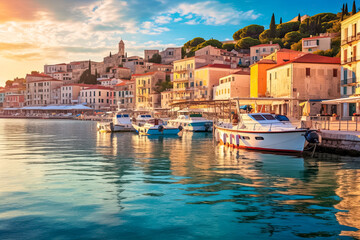 Bezaubernden adriatischen Stadt am türkisfarbenen Meer, Sonnenuntergang, Generative AI - obrazy, fototapety, plakaty