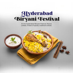 Hyderabad Biryani Festival card with a gray background, featuring a dish of biryani. Celebrates the culinary tradition of Hyderabad with a message promoting the food festival