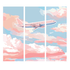 Airplane flying in the cloudy sky. Pink blue colors.