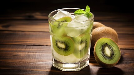 Juice or cocktail of ripe kiwi on a dark background. A refreshing soft drink, lemonade or smoothie in a glass.A healthy organic drink. Proper nutrition and diet.