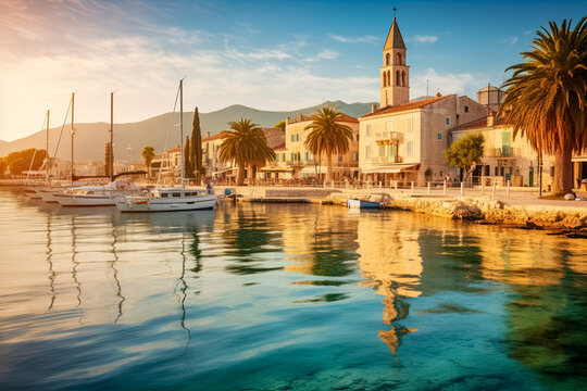 Bezaubernden adriatischen Stadt am türkisfarbenen Meer, Sonnenuntergang, Generative AI