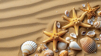 Fototapeta na wymiar Group of Starfish and Seashells on Sandy Beach