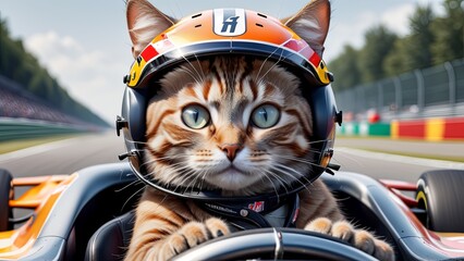 Adorable Tabby Cat Driver in Racing Car at Circuit"