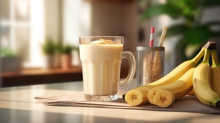 A smoothie made from a ripe banana on a light background. A refreshing refreshing drink, a delicious snack and breakfast. A healthy organic drink. Proper nutrition and diet.