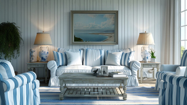 Realistic AI-rendered scene capturing the elegance of a living room furnished with striped blue and white furniture, with a large single picture frame serving as a focal point above the couch.