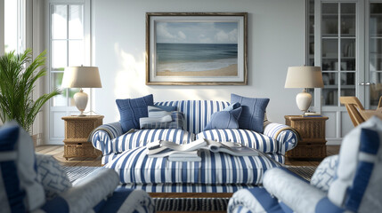 Realistic AI-rendered scene capturing the elegance of a living room furnished with striped blue and...