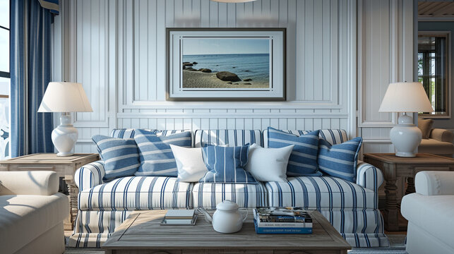  capturing the elegance of a living room furnished with striped blue and white furniture, with a large single picture frame serving as a focal point above the couch. 