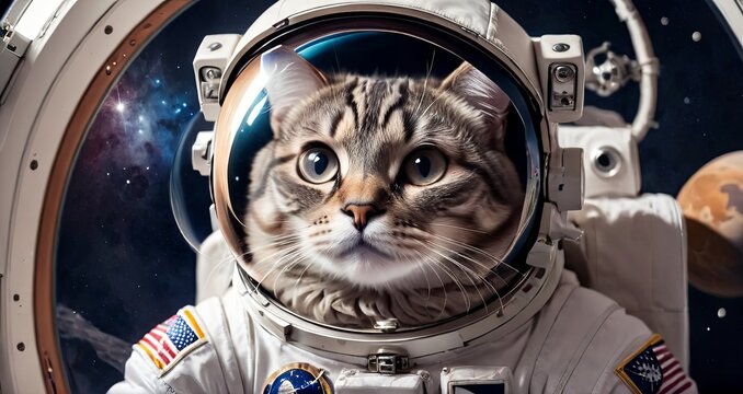 Tabby Cat Astronaut in Space Suit Against Starry Background