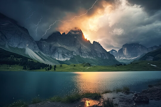 Gewitter mit Blitzen im Gebirge bei Nacht, Generative AI
