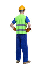 Young man wearing safety equipment on white background, back view