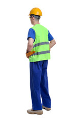 Young man wearing safety equipment on white background, back view