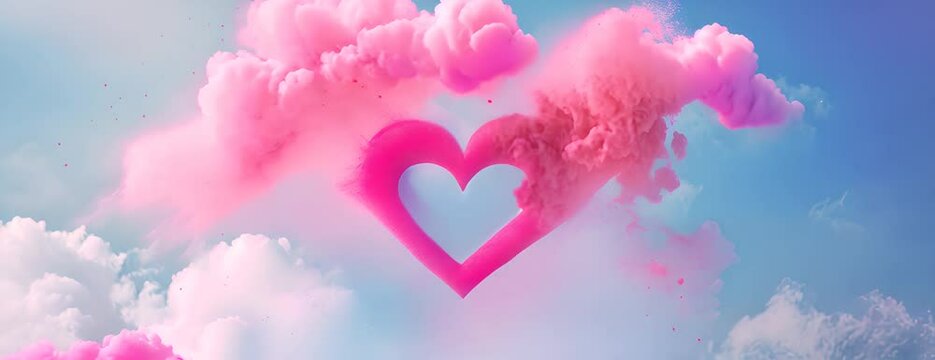 Colorful Powder Heart Shape Love Blowing Up. Holi Powder Blast on Sky, Multicolor Powder Smoke Explosion 4K Video