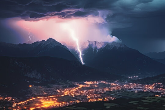 Gewitter mit Blitzen im Gebirge bei Nacht, Generative AI