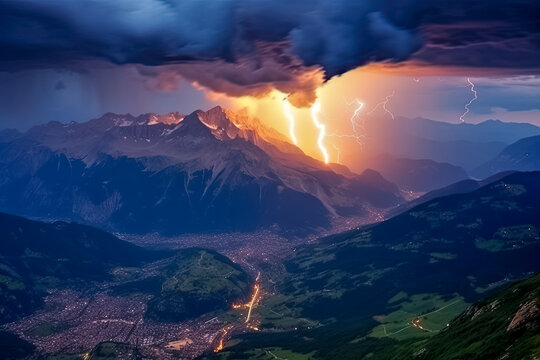 Gewitter mit Blitzen im Gebirge bei Nacht, Generative AI