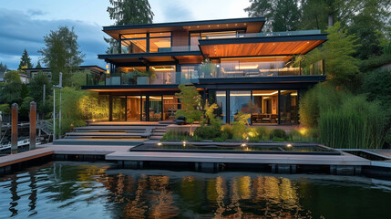 Riverside retreat with a modern exterior design, featuring terraced levels, glass balustrades, and...