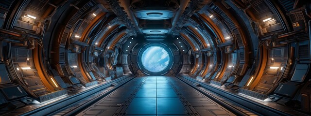 Technology futuristic background interior science fiction. Hi tech smart manufacturing automation concept. Futuristic space station or spaceship interior scifi style corridor or room.  - obrazy, fototapety, plakaty
