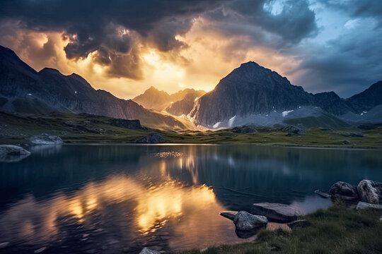 Gewitter mit Blitzen im Gebirge bei Nacht, Generative AI