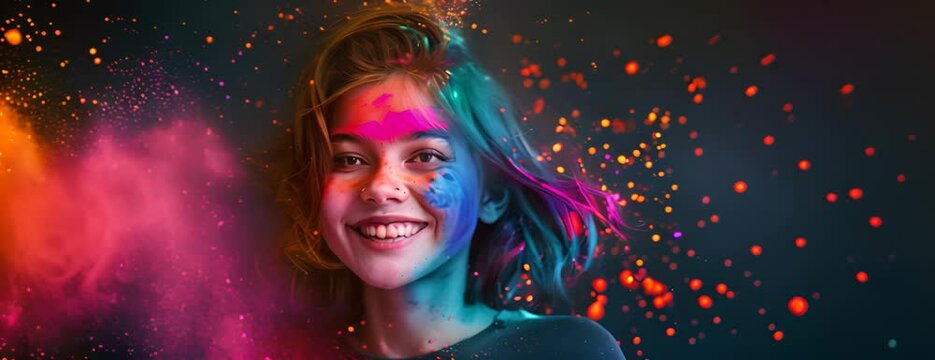 portrait happy smiling young girl celebrating holi festival, colorful face, vibrant powder paint explosion, joyous festival. 4K Video