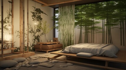 Japanese-inspired Zen Retreat with Soft Bamboo Green Walls and Tranquil Serenity Design a Japanese-inspired Zen retreat with soft bamboo green walls