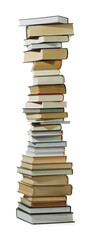 High stack of many different books isolated on white